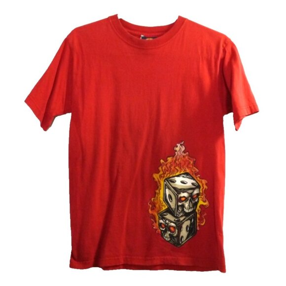 Vintage JNCO JEANS red 100% cotton T Shirt with Flaming Skull Dice Adult size M - Picture 1 of 6